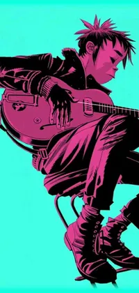 This phone live wallpaper showcases a unique design of a character flying through the air while holding a guitar against a hot pink and cyan color scheme