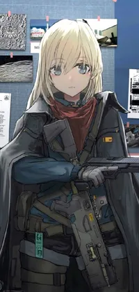 This phone live wallpaper showcases a captivating design featuring an anime-style image of a blonde anime girl standing in front of a bulletin board on a military outpost