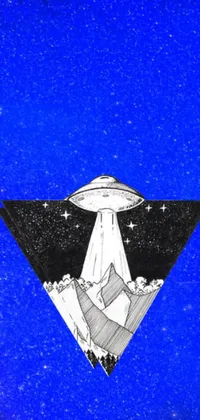 This live phone wallpaper showcases a captivating black and white drawing of a flying saucer, accented by a tumblr-esque, space art vibe