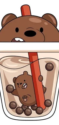 This <a href="/">animated phone wallpaper</a> features a blue ceramic cup filled with yogurt and a cartoon bear enjoying it with a spoon