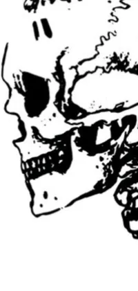 This phone live wallpaper showcases a stunning black and white drawing of a skeleton against a fiery background of orange and red