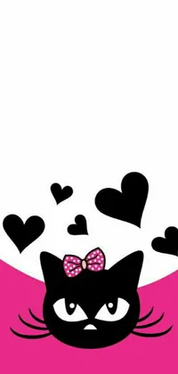 This phone live wallpaper showcases a trendy black cat donning a pretty pink bow and surrounded by hearts