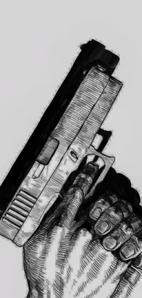 This phone live wallpaper features a detailed drawing of a hand holding a gun