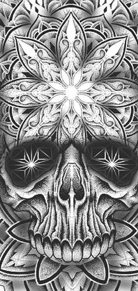 This stunning phone live wallpaper features a highly detailed black and white skull drawing, adorned with intricate ritualistic tattoos and mandala-like designs