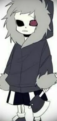 This phone live wallpaper showcases a stunning illustration of a person wearing a furry-accented hoodie over a grey-colored skin
