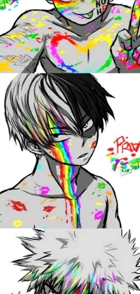 This phone live wallpaper features an anime drawing of a man covered in paint, along with a drawing of a woman crying rainbow paint to represent the sin of pride