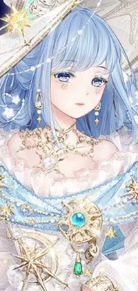 Behold an exquisite live wallpaper featuring a mysterious female character with blue hair, bedecked in a flowing white dress and embellished with elaborate veils and jewels