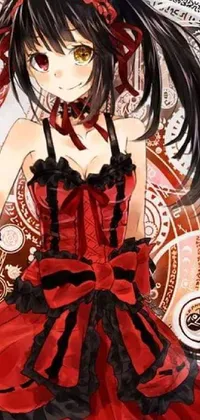 This gothic-inspired live wallpaper features an anime drawing of a woman in a red and black dress