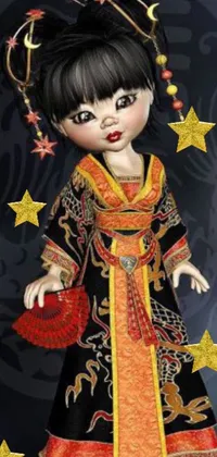 This live wallpaper for your phone features a beautiful doll with black hair and a red dress, designed with a stunning black, yellow, and red color scheme