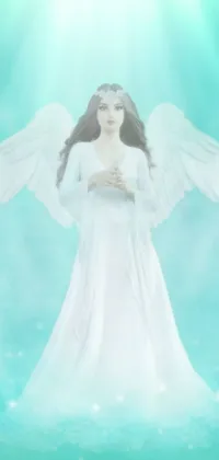 Looking for a calming and spiritual phone live wallpaper? Look no further than this beautiful digital art piece featuring an angelic woman in a white dress and wings
