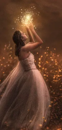 This phone live wallpaper showcases a stunning scene of a graceful woman donning a pristine white dress holding a sparkler