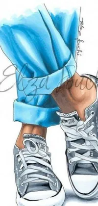 This phone live wallpaper features a hyper-realistic drawing of someone's feet in sneakers, set against a blue-grey-toned cartoon-style painting