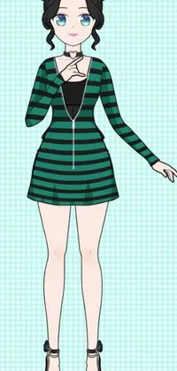 This <a href="/">animated phone wallpaper</a> showcases an eye-catching anime drawing depicting a woman wearing a green and black striped dress, which has gained immense popularity on DeviantArt