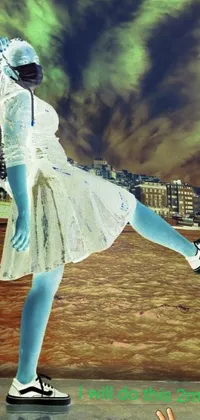This is a stunning phone live wallpaper depicting a blue-skinned woman wearing a white dress and standing on a skateboard
