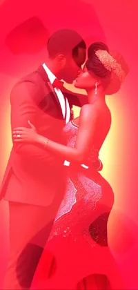This stunning live wallpaper features a romantic moment between a man in a tuxedo and a woman wearing an African red dress
