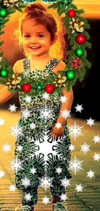 This stunning live phone wallpaper features a little girl standing in front of a beautifully decorated Christmas wreath