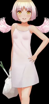 Get enchanted with this stunning phone live wallpaper featuring a charming pink-haired character with angel wings, modeling a beautiful nightgown