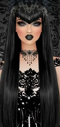 This black-themed live wallpaper features a regal woman with long hair wearing a crown and black lace dress, against a moonlit background with mystical symbols