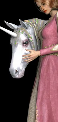 This amazing phone live wallpaper shows a stunning raytraced image of a woman in a pink dress beside a unicorn