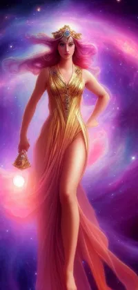 This live wallpaper features a stunning fantasy art painting of a woman in a long dress set against a swirling galaxy of yellow and violet hues