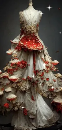 This phone live wallpaper features a stunning dress made entirely out of cupcakes displayed on a mannequin against a magical forest made of mushrooms and plants