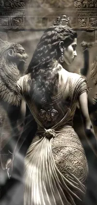 This phone live wallpaper showcases a medieval-inspired Indian princess standing against a detailed Egyptian background