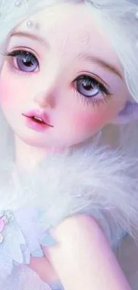 This live phone wallpaper features a beautiful doll with white hair, designed by a popular fantasy art creator