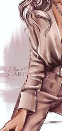 This phone live wallpaper depicts a digital drawing of a trendy woman with flowing brown hair, clad in a brown leather maxi jacket with silver details, and a tan suit