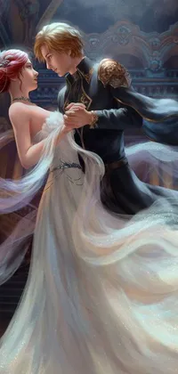 This phone live wallpaper features beautiful concept art of a man and woman dancing in stunning fantasy attire