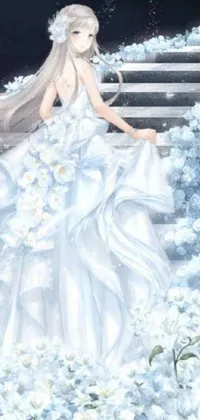 This phone wallpaper showcases a beautiful anime drawing of a woman in a stunning white wedding dress, surrounded by a vibrant bed of flowers