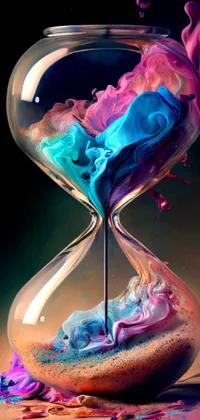 This phone live wallpaper features a mesmerizing hourglass with colorful liquid pouring out in a hyperrealistic painting style