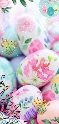 This Easter-inspired live wallpaper features a basket full of colorful eggs on a table