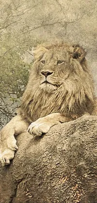 Get this stunning live phone wallpaper of a majestic lion resting on a large rock