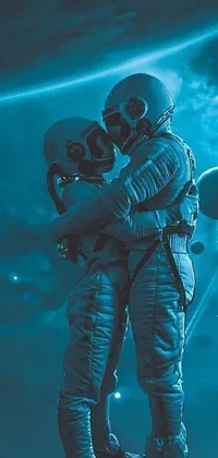 This space themed live wallpaper features two astronauts kissing in a romantic embrace against a stunning galaxy backdrop