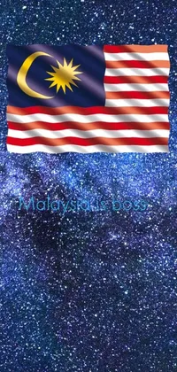 This phone live wallpaper showcases the American and Malaysian flags flying amongst the skies, alongside an album cover inspired by digital art aesthetics