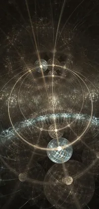 This phone live wallpaper is a stunning display of a black background, featuring an esoteric equation representing heaven, a celestial orrery, illuminated orbs, and a mesmerizing recursive fractal pattern