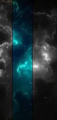 This phone live wallpaper features a captivating image of clouds in black and white, accompanied by space art elements and a triptych composition with a blue nebula at the center