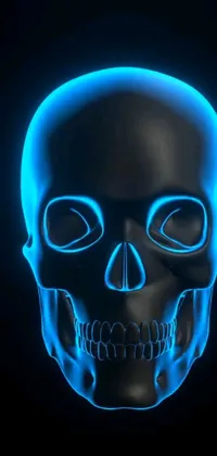 This phone live wallpaper features a mesmerizing glowing blue skull on a black background with blue and orange lighting that illuminates it from different angles