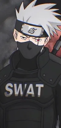 This mobile wallpaper features a close-up of a person holding a sword, with a black SWAT vest and white hair