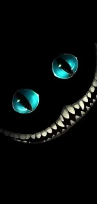 This phone live wallpaper features a close-up of a Cheshire Cat inspired smiley face in the dark, set against a black background