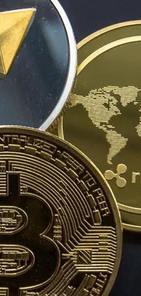 This live wallpaper depicts a pile of bitcoins next to a magnifying glass, against a background of a vivid sunset landscape