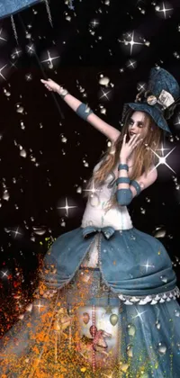 This stunning live wallpaper features a surreal, fantasy-inspired scene of a woman in a blue dress holding an umbrella