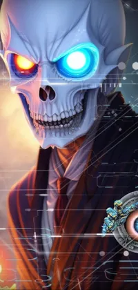 Looking for a gothic-inspired live wallpaper to give your phone a touch of dark and mysterious style? This image features a skeleton with glowing eyes, set against a dark background for a striking look