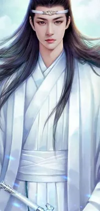 This phone live wallpaper features an illustration of a sword-wielding female warrior in white robes, set against a cloudy night sky with a handsome prince in the background
