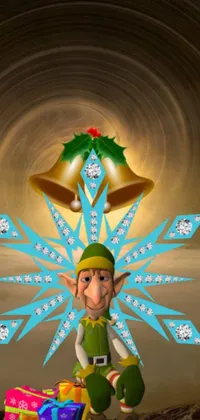 This phone live wallpaper features a charming elves cartoon sitting on top of a beautifully wrapped pile of presents