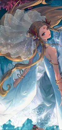 This stunning phone live wallpaper showcases a beautiful anime drawing of a woman with long hair, wearing a white dress made of water