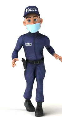 This mobile wallpaper showcases a police officer figurine in a fun pose wearing a surgeon-style face mask, making it relevant to the times