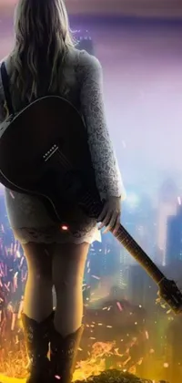 This vibrant live wallpaper features a striking digital artwork of a woman on top of a mountain, holding a guitar and album cover