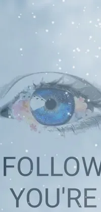 This captivating phone live wallpaper features an intricate blue eye set against a swirling snow background