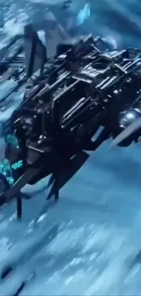 This Phone Live Wallpaper displays a stunning space ship floating above a body of water in a futuristic ice city set in 2080